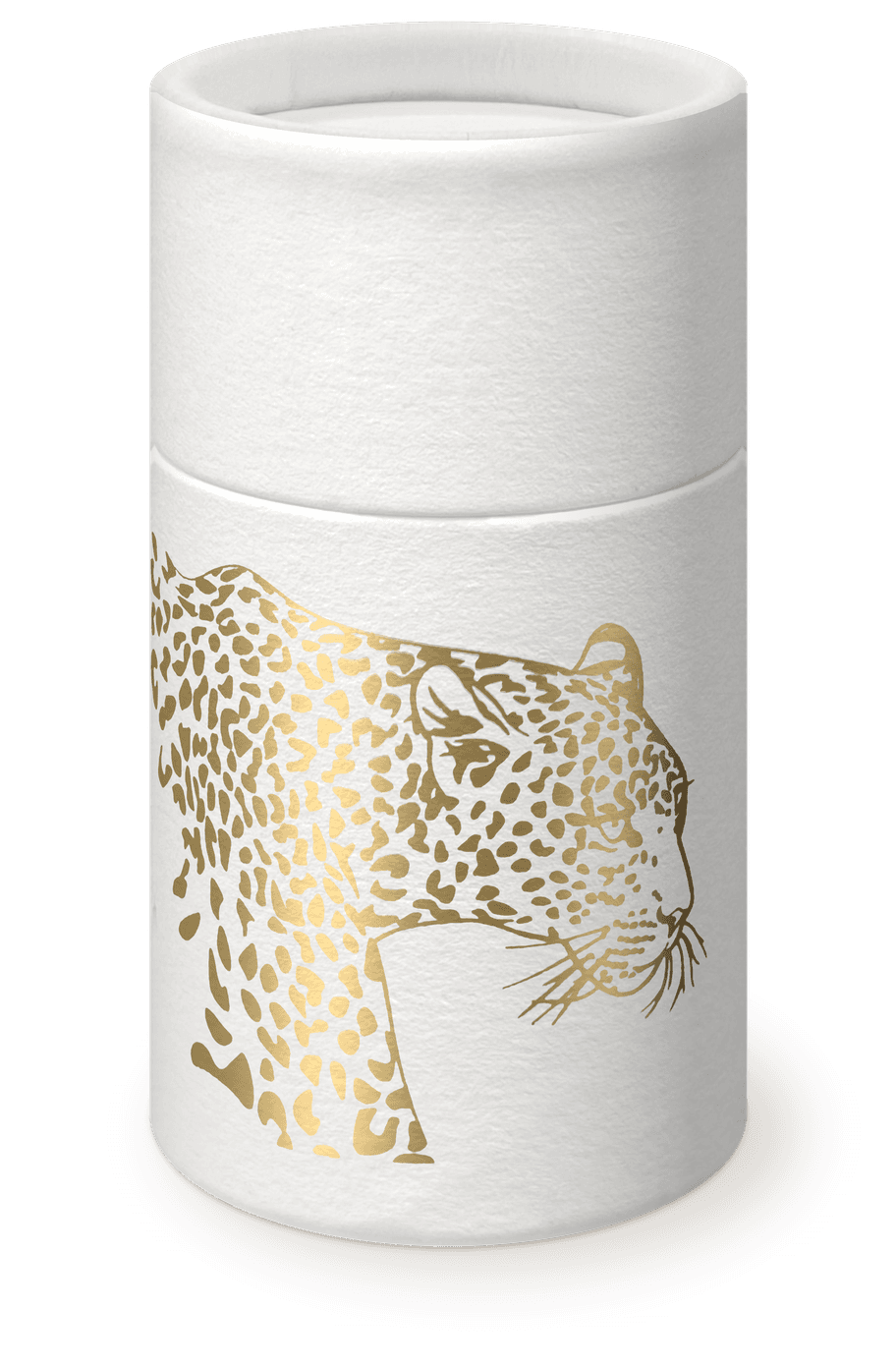 Weiße Papierdose mit einem Leoparden in Goldfolie